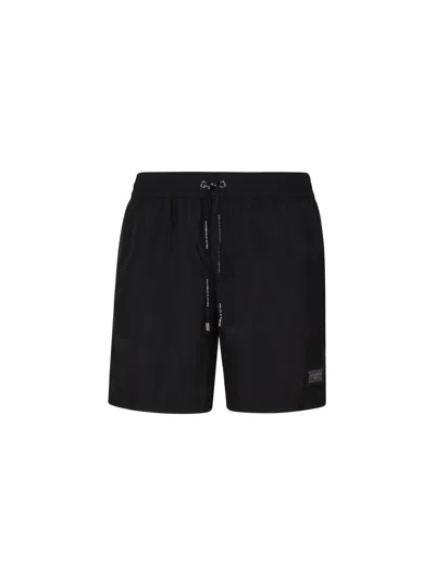 Dolce & Gabbana Medium Beach Boxer Made Of Lightweight Nylon With Metal Logo Plaque In Black