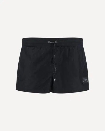 Dolce & Gabbana Short Beach Boxer Shorts Made Of Lightweight Nylon With Metal Logo Plaque In Black
