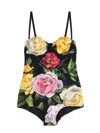 Dolce & Gabbana Multicolor One-piece Swimsuit With Buckle With Logo On The Rear And All-over Floral Print In Tech Fa In Black