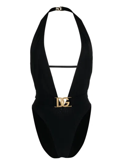 Dolce & Gabbana Plunge Halterneck Swimsuit In Black