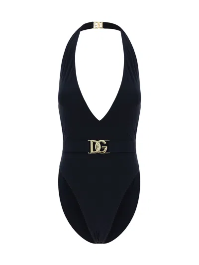 Dolce & Gabbana Belted Plunge-neck Swimsuit In Black