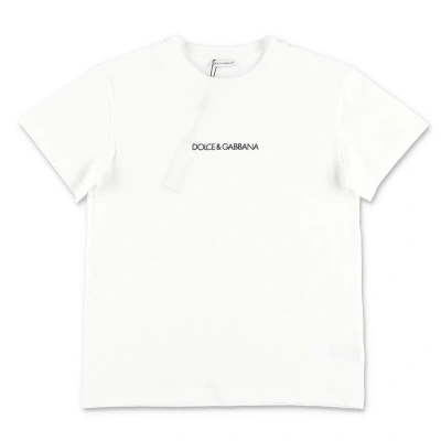 Dolce & Gabbana Kids'  T-shirt Bianca In Jersey Di Cotone Con Lettering Logo In Bianco