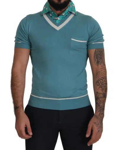 Pre-owned Dolce & Gabbana T-shirt Blue Silk Polo Top Mens V-neck It48/ Us38 / M Rrp $1300