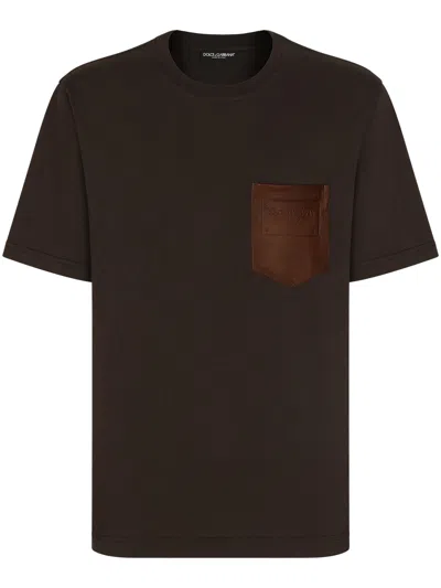 Dolce & Gabbana T-shirt Con Taschino In Pelle E Logo In Brown