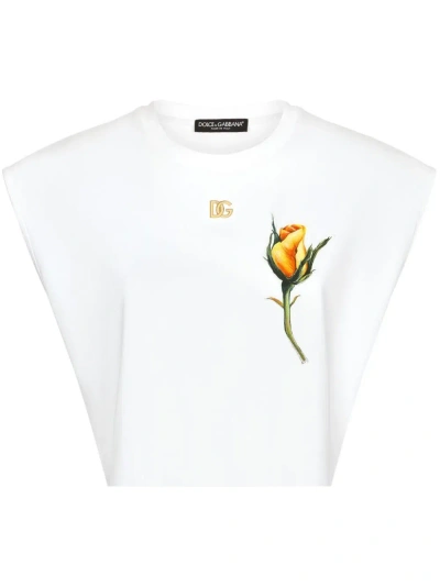 Dolce & Gabbana T-shirt Cropped Con Logo Dg E Ricamo Rosa Patch In White