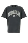 Dolce & Gabbana Men Dark Grey Crewneck T-shirt With Logo Lettering Print On The Front In Cotton Man In Gray