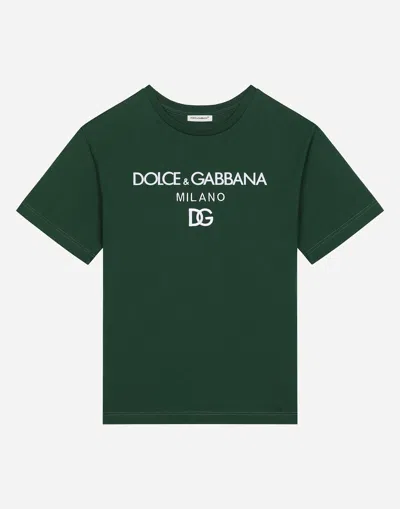 Dolce & Gabbana T-shirt In Jersey Stampa Logo In Verde Muschio Scuro