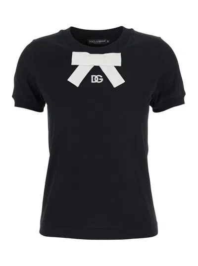 DOLCE & GABBANA BLACK T-SHIRT WITH BOW AND LOGO ON FRONT IN COTTON WOMAN