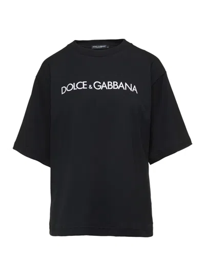 Dolce & Gabbana Black Oversized T-shirt With Logo Lettering Print In Cotton Woman