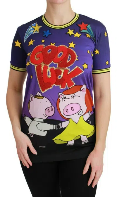 Pre-owned Dolce & Gabbana T-shirt Top Cotton Purple Year Of The Pig It36/ Us2/xs Rrp $1060