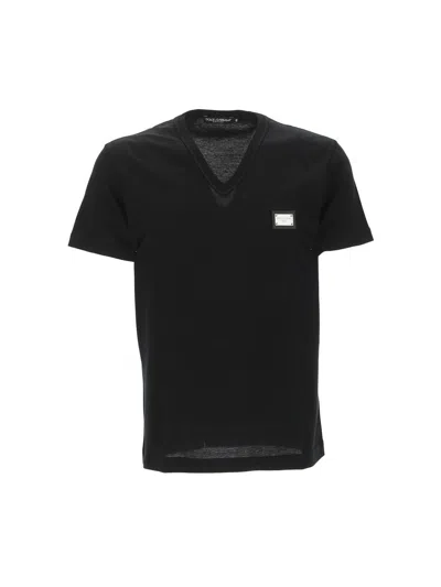 Dolce & Gabbana Chest Logo-tag V-neck T-shirt In Black