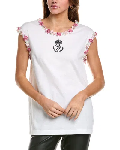 Dolce & Gabbana Oberteil Aus Baumwoll-jersey Mit Floralen Applikationen In Weiss