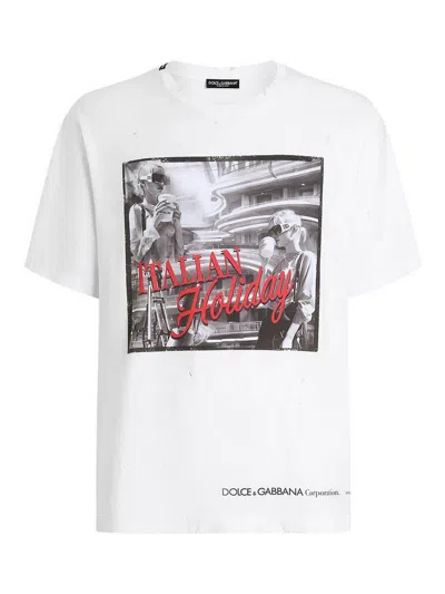 Dolce & Gabbana White Cotton Italian Holiday Print T-shirt