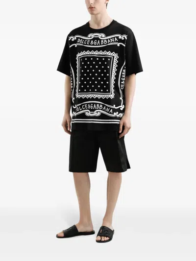 Dolce & Gabbana Men Black Crewneck T-shirt With Bandana Print All-over In Cotton Woman