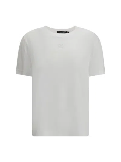 Dolce & Gabbana White Crewneck T-shirt With Logo Embroidery With Crystals On The Front In Cotton Woman