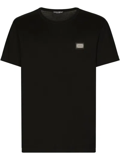 Dolce & Gabbana Cotton V-neck T-shirt With Branded Tag In Black
