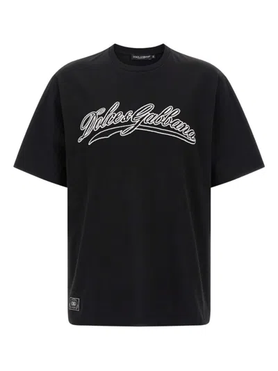 Dolce & Gabbana Men Cotton T-shirt With Embossed Logo Embroidery In Black