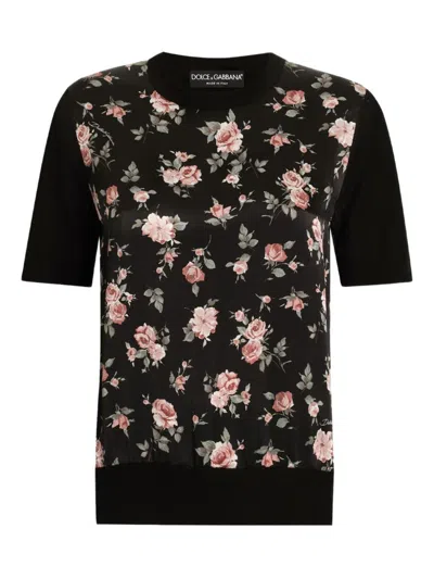 Dolce & Gabbana Short Sleeve Crew Neck Floral Print Top In Black