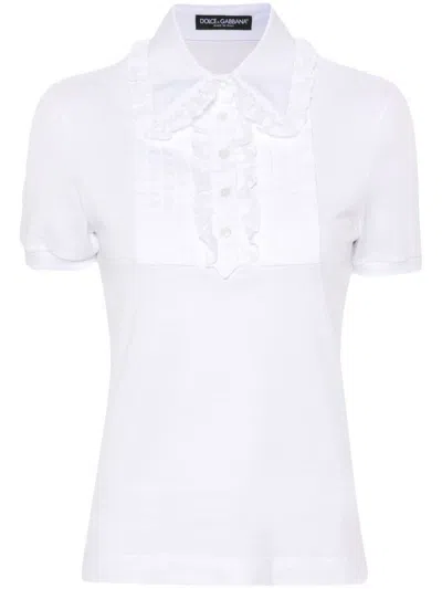 Dolce & Gabbana Cotton Jersey Polo Shirt With Ruffles In White