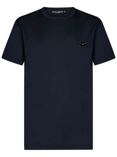 Dolce & Gabbana Blue Cotton T-shirt With Silver Plaque Logo In Black