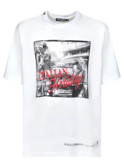 Dolce & Gabbana White Cotton Italian Holiday Print T-shirt
