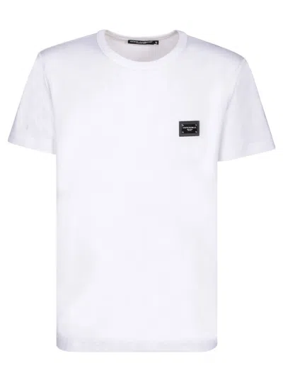 Dolce & Gabbana White Crewneck T-shirt With Logo Plate In Cotton Man