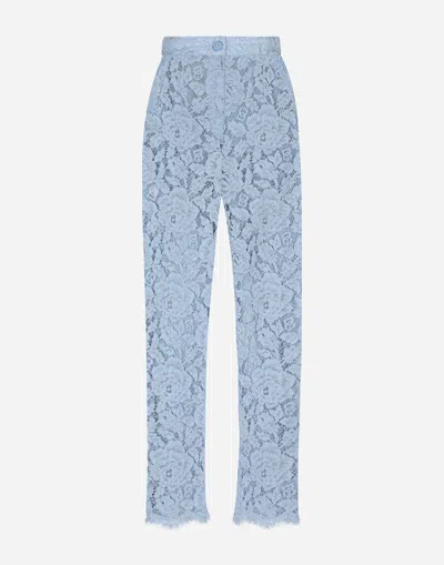 Dolce & Gabbana Tailored Branded Floral Cordonetto Lace Pants With Dg Logo In Clear Blue
