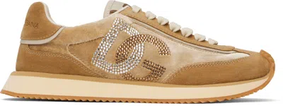 DOLCE & GABBANA TAN & BEIGE MIXED-MATERIAL 'DG' CUSHION SNEAKERS