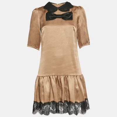 Pre-owned Dolce & Gabbana Tan Synthetic Lace Trim Ruffled Hem Mini Dress S In Brown
