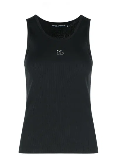 Dolce & Gabbana Dolce-style Cotton Crewneck Sweater With Dg Embroidery And Rhinestones In Black