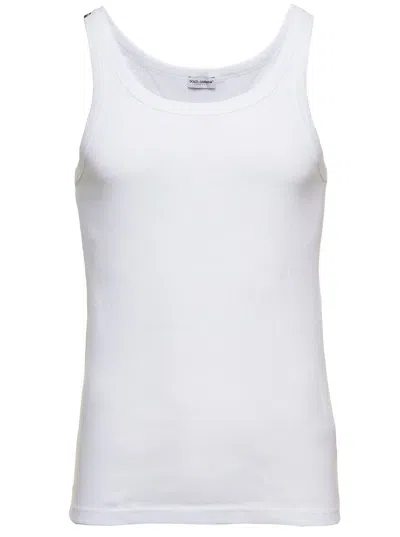 Dolce & Gabbana White Ribbed Tank Top With Logo Label In Cotton
