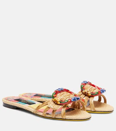 Dolce & Gabbana Verzierte Pantoletten Taormina Aus Raffiabast In Sand