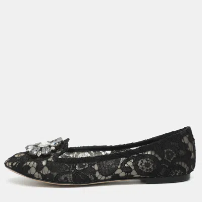 Pre-owned Dolce & Gabbana Taormina Size 38 Black Lace Crystal Embellished Ballet Flats