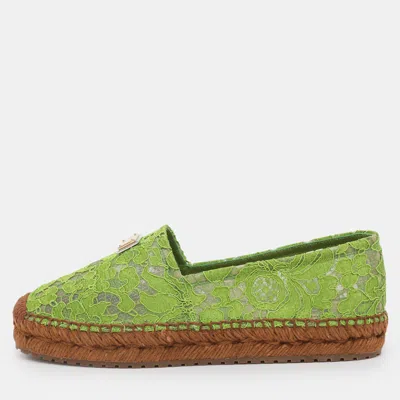 Pre-owned Dolce & Gabbana Taormina Size 39 Green Lace Espadrille Flats