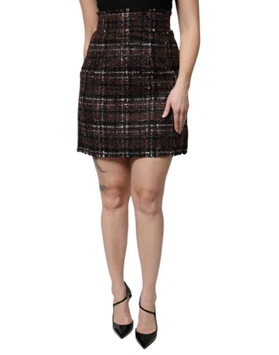 Dolce & Gabbana Multicolor High Waist Tartan Tweed Pencil Cut Skirt In Brown