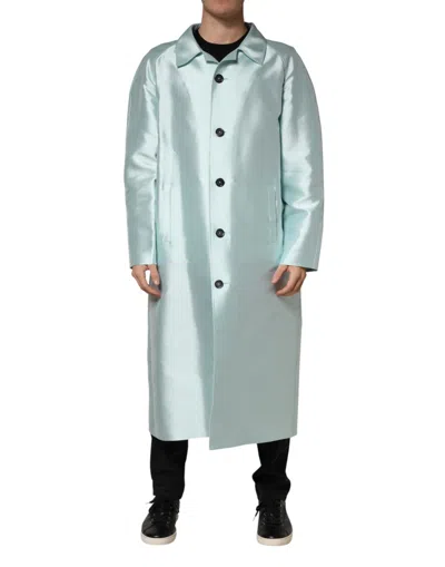 Pre-owned Dolce & Gabbana Teal Satin Collared Long Trench Coat Men's Jacket () In Blue