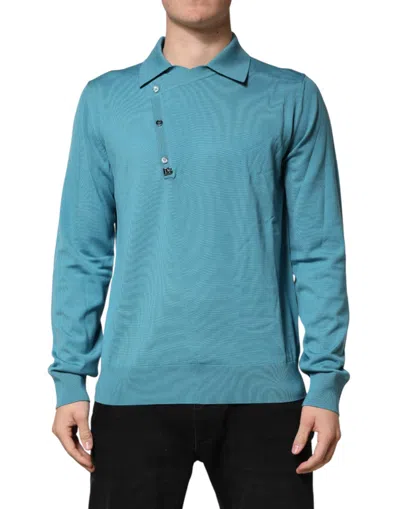 Dolce & Gabbana Teal Wool Collared Polo Pullover Sweater In Blue