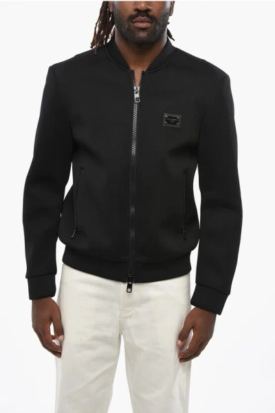 Dolce & Gabbana Technical Fabric Bomber Jacket With Silver-tone Logo In Black