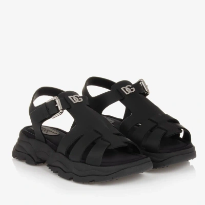 Dolce & Gabbana Teen Girls Black Leather Dg Sandals