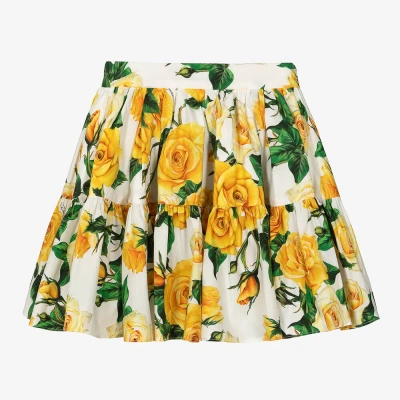Dolce & Gabbana Teen Girls Yellow Roses Cotton Skirt In White