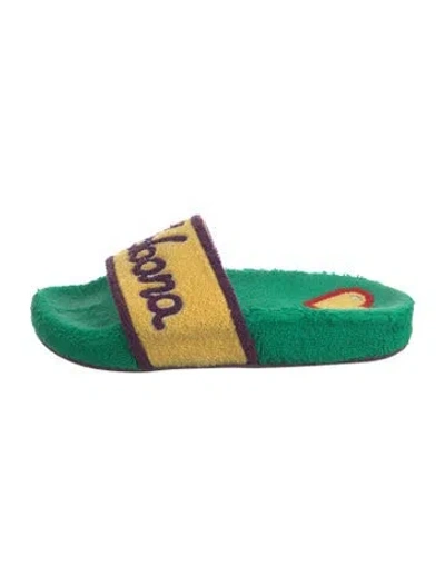 Pre-owned Dolce & Gabbana Terry Cloth Graphic Print Slides In Green