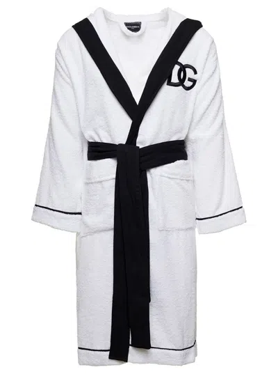 Dolce & Gabbana Terry Cotton With Black Trim Bathrobe In White