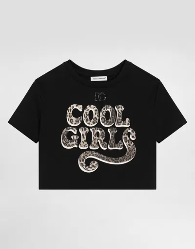 Dolce & Gabbana Kids' Terry-effect Interlock T-shirt With Print And Rhinestones In Black