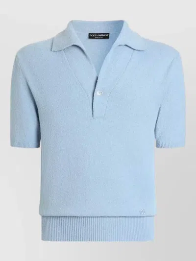 Dolce & Gabbana Textured Knit Polo Shirt Short Sleeves In Blue