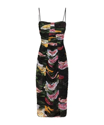 DOLCE & GABBANA DOLCE  GABBANA FLORAL PRINTED TULLE CALF-LENGTH SLIP DRESS