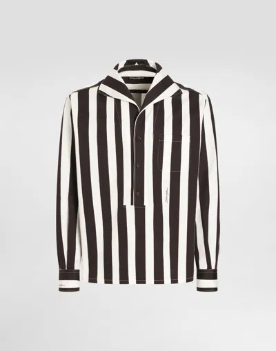 Dolce & Gabbana Three-button Long-sleeved Shirt In Striped Cotton Drill In Multicolor