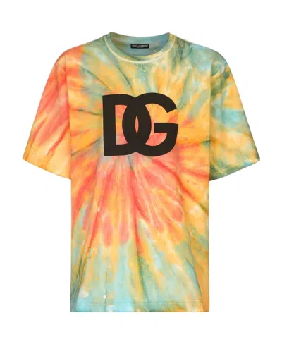 Dolce & Gabbana Tie-dye Logo-print Technical T-shirt In Orange