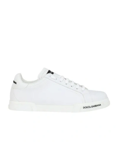 Dolce & Gabbana Portofino' White Low Top Sneakers With Contrasting Logo Detail In Leather