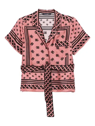 Dolce & Gabbana Silk Shirt With Waist Tie And Logo Pattern In Black