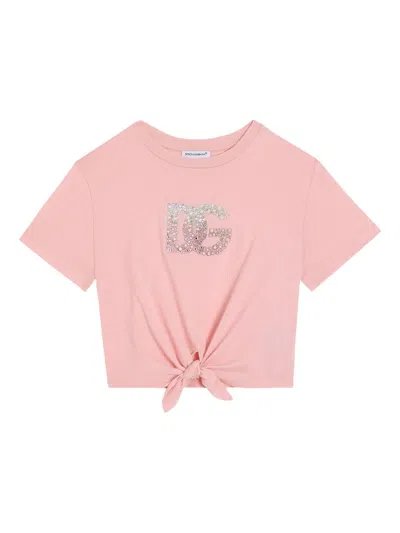 Dolce & Gabbana Kids' Tied T-shirt In Rosa Confetto